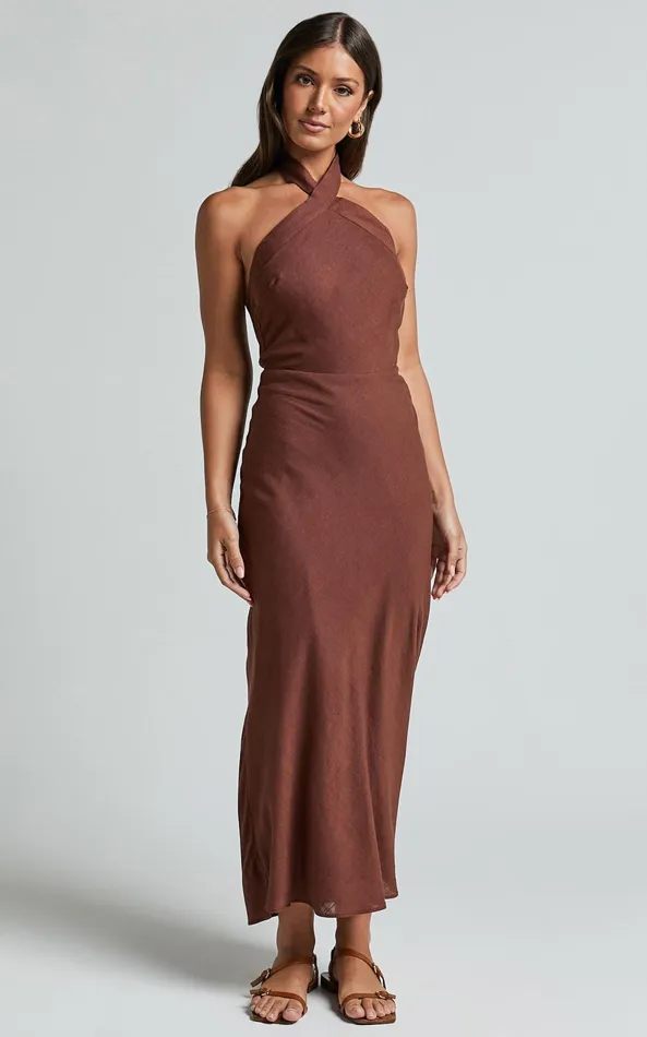 Showpo Maelynn Midi Dress 8211 Linen Look Twist Halter Neck Low Back Slip Dress In Chocolate Women Dresses