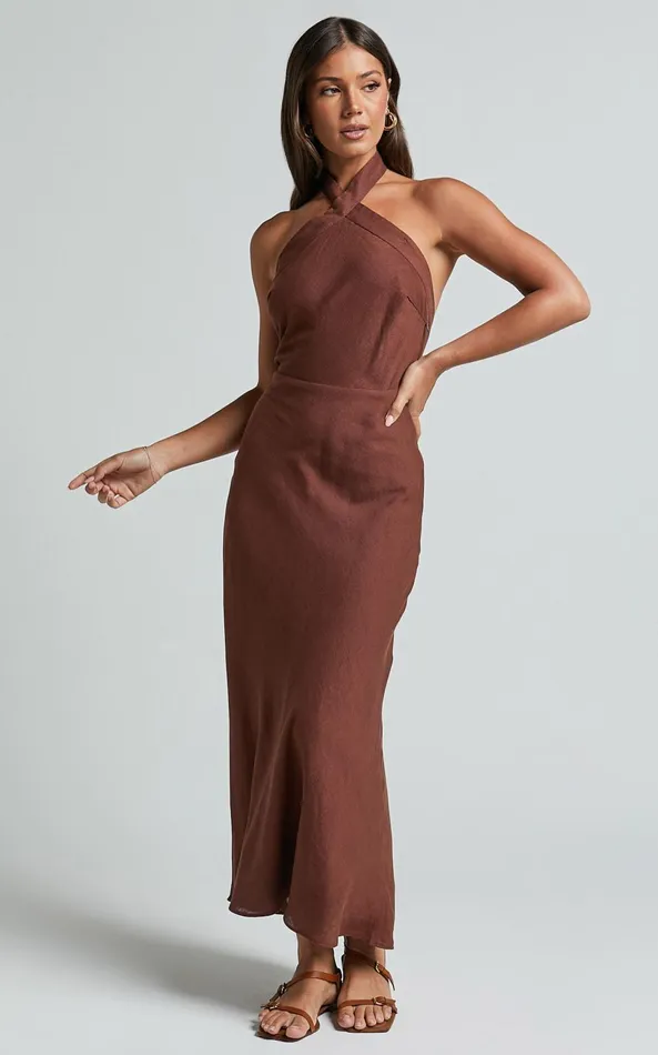 Showpo Maelynn Midi Dress 8211 Linen Look Twist Halter Neck Low Back Slip Dress In Chocolate Women Dresses