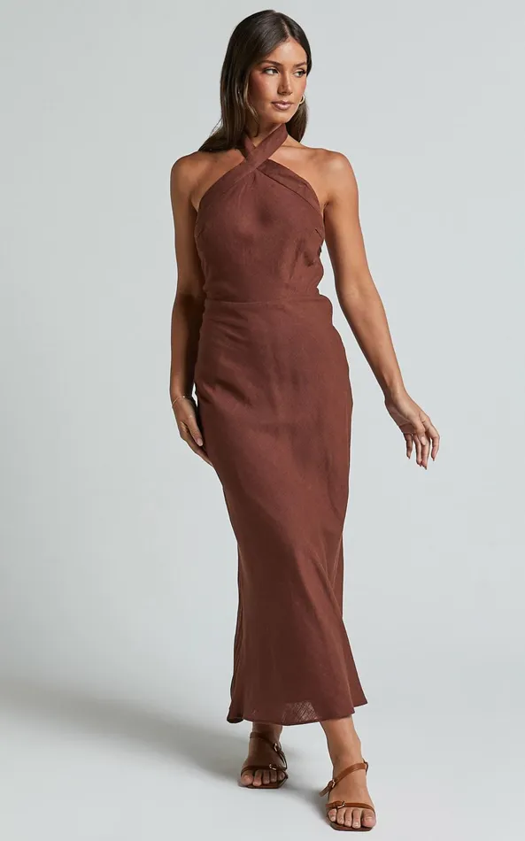 Showpo Maelynn Midi Dress 8211 Linen Look Twist Halter Neck Low Back Slip Dress In Chocolate Women Dresses
