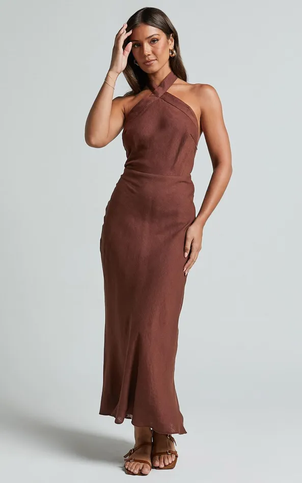 Showpo Maelynn Midi Dress 8211 Linen Look Twist Halter Neck Low Back Slip Dress In Chocolate Women Dresses