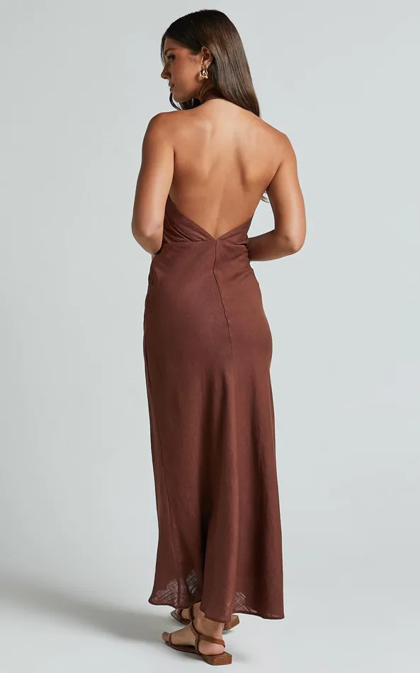 Showpo Maelynn Midi Dress 8211 Linen Look Twist Halter Neck Low Back Slip Dress In Chocolate Women Dresses