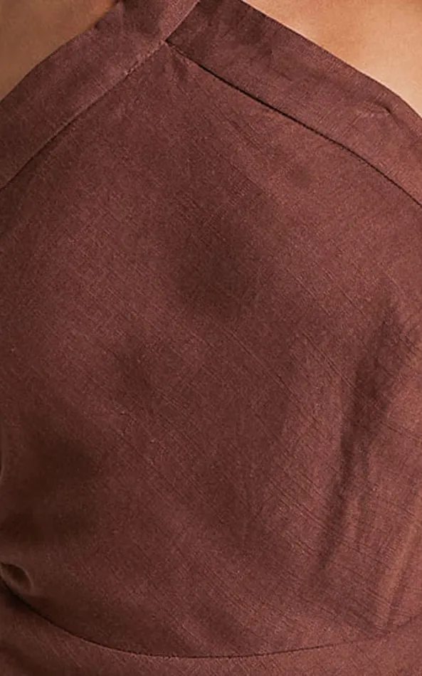 Showpo Maelynn Midi Dress 8211 Linen Look Twist Halter Neck Low Back Slip Dress In Chocolate Women Dresses