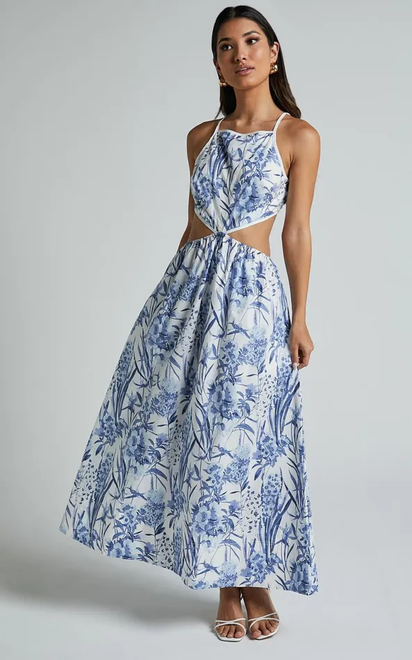 Showpo Maenerva Midi Dress 8211 Sleeveless Straight Neck Cut Out Dress In Blue Floral Women Dresses