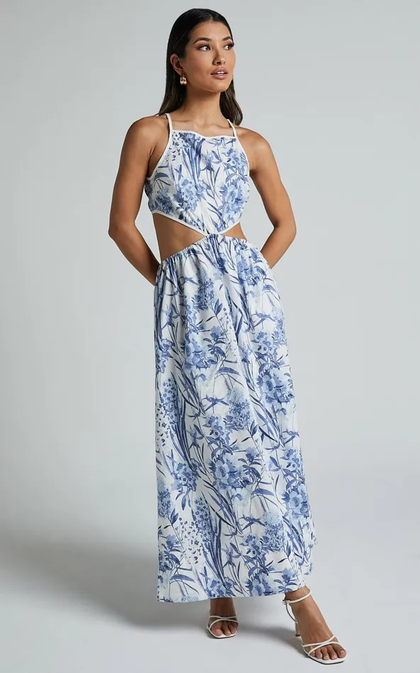 Showpo Maenerva Midi Dress 8211 Sleeveless Straight Neck Cut Out Dress In Blue Floral Women Dresses