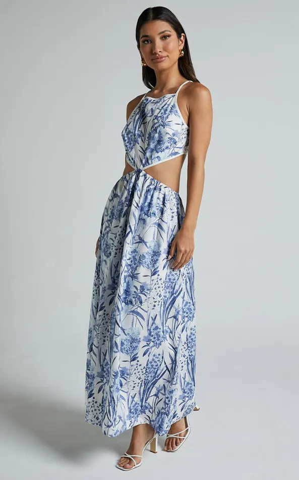 Showpo Maenerva Midi Dress 8211 Sleeveless Straight Neck Cut Out Dress In Blue Floral Women Dresses