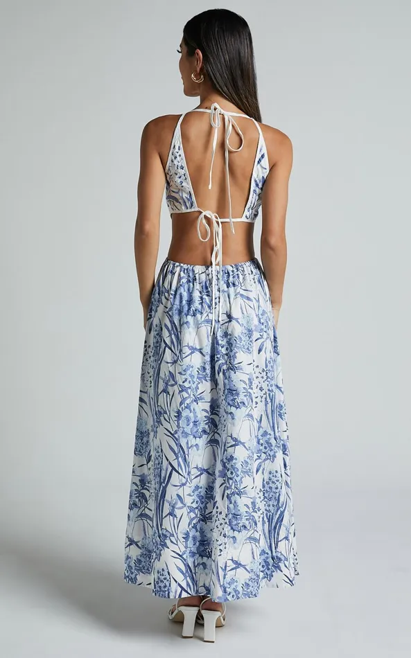 Showpo Maenerva Midi Dress 8211 Sleeveless Straight Neck Cut Out Dress In Blue Floral Women Dresses