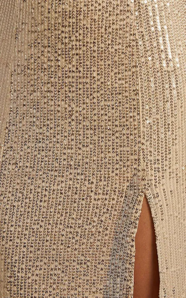Showpo Magic Hour Maxi Dress 8211 Thigh Split Tie Back Dress In Gold Sequin Women Dresses