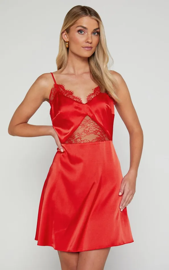 Showpo Maisey Mini Dress 8211 V Neck Lace Detail Slip Dress In Red Women Dresses