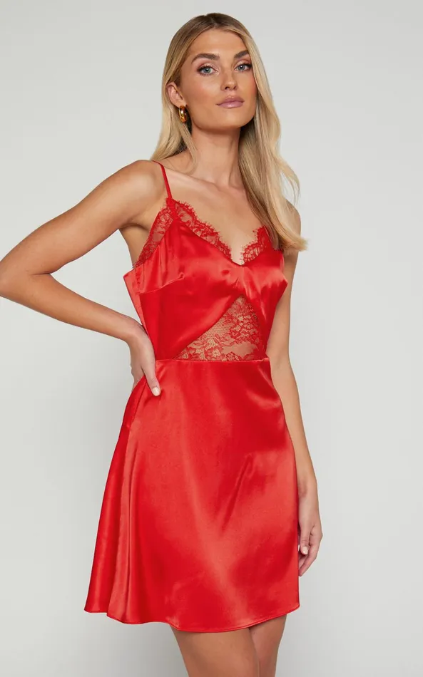 Showpo Maisey Mini Dress 8211 V Neck Lace Detail Slip Dress In Red Women Dresses