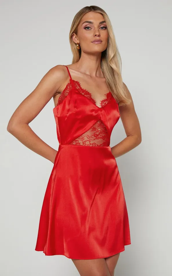 Showpo Maisey Mini Dress 8211 V Neck Lace Detail Slip Dress In Red Women Dresses
