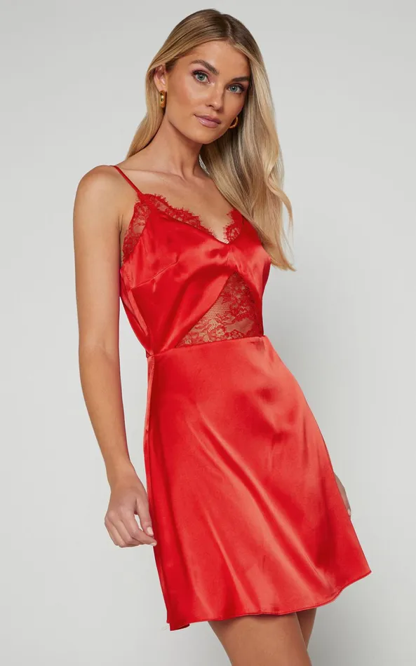 Showpo Maisey Mini Dress 8211 V Neck Lace Detail Slip Dress In Red Women Dresses