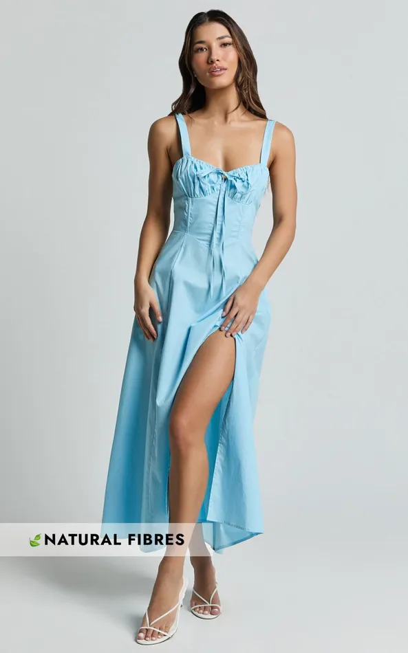 Showpo Maiya Midi Dress 8211 Tie Front Fitted Bodice Dress In Blue Women Dresses Showpo Maiya Midi Dress 8211 Tie Front Fitted Bodice Dress In Blue Women Dresses