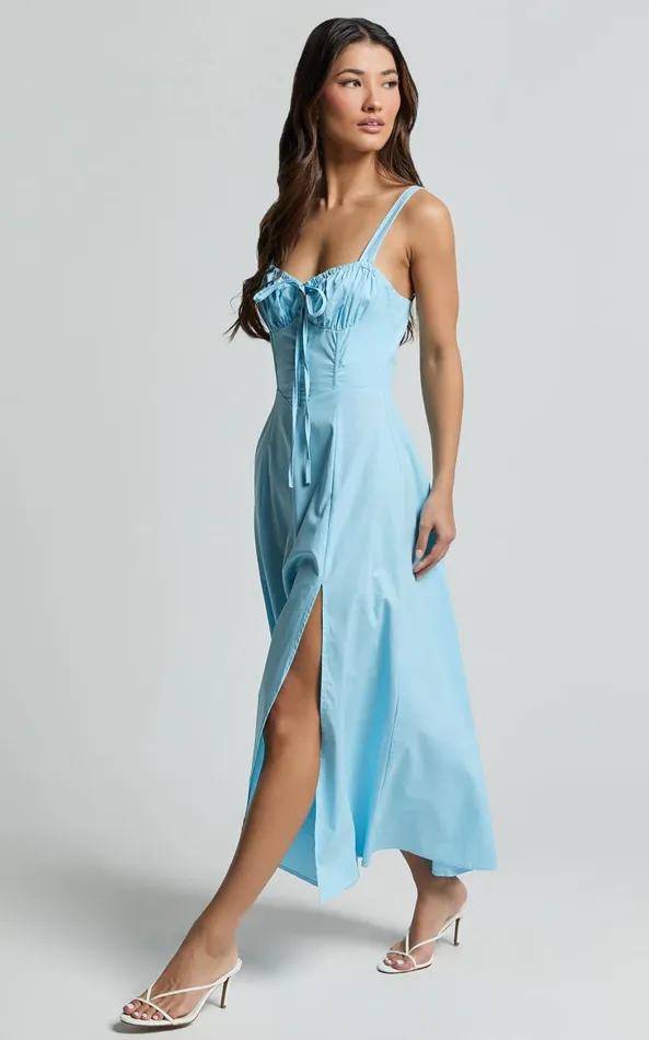 Showpo Maiya Midi Dress 8211 Tie Front Fitted Bodice Dress In Blue Women Dresses