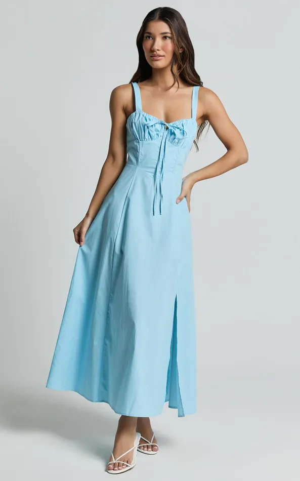 Showpo Maiya Midi Dress 8211 Tie Front Fitted Bodice Dress In Blue Women Dresses