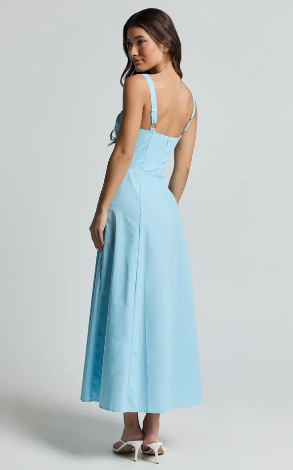 Showpo Maiya Midi Dress 8211 Tie Front Fitted Bodice Dress In Blue Women Dresses