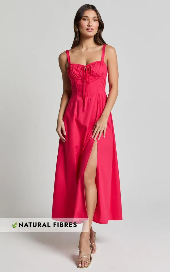 Showpo Maiya Midi Dress 8211 Tie Front Fitted Bodice Dress In Red Women Dresses