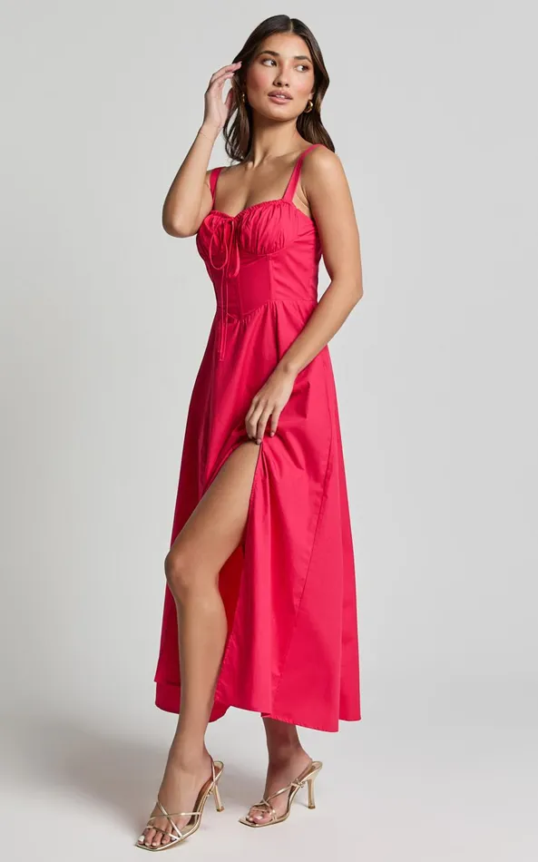 Showpo Maiya Midi Dress 8211 Tie Front Fitted Bodice Dress In Red Women Dresses