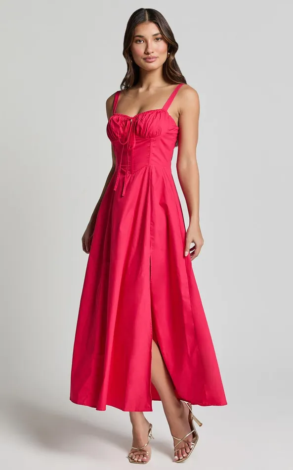 Showpo Maiya Midi Dress 8211 Tie Front Fitted Bodice Dress In Red Women Dresses