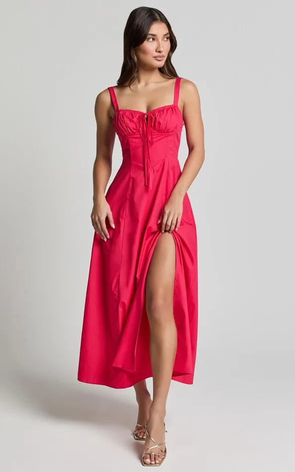 Showpo Maiya Midi Dress 8211 Tie Front Fitted Bodice Dress In Red Women Dresses