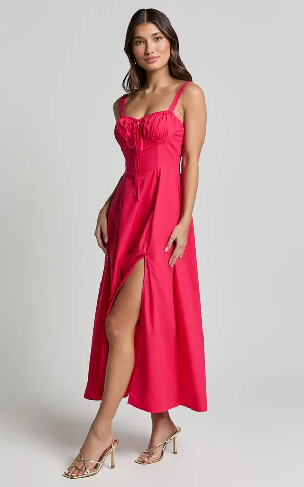 Showpo Maiya Midi Dress 8211 Tie Front Fitted Bodice Dress In Red Women Dresses