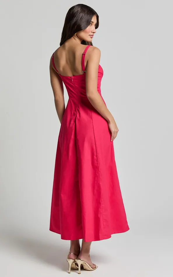 Showpo Maiya Midi Dress 8211 Tie Front Fitted Bodice Dress In Red Women Dresses