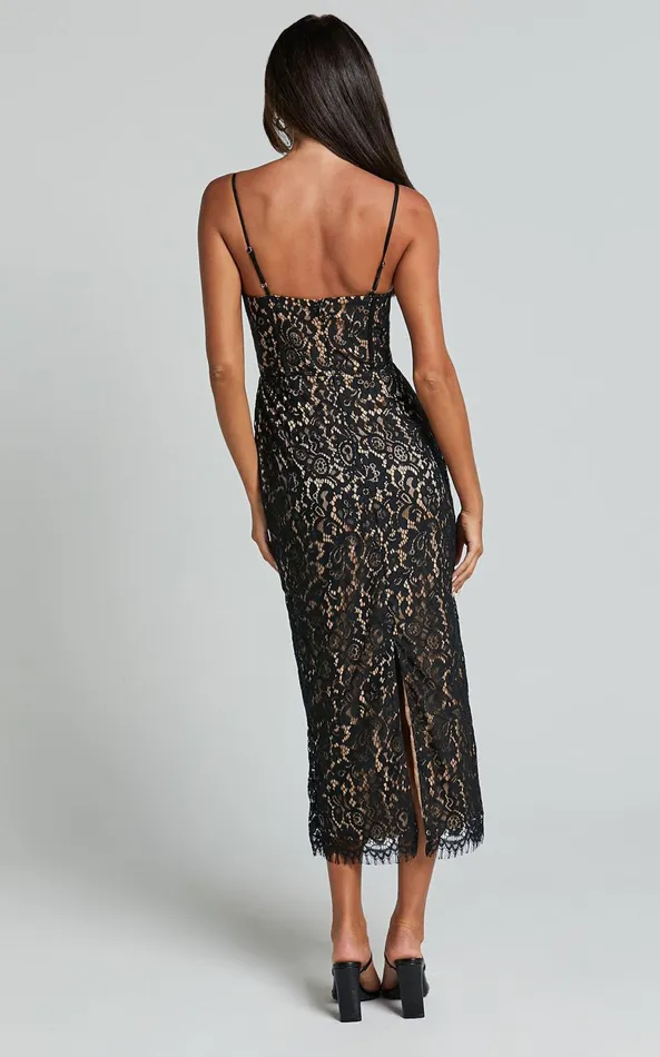Showpo Makenzie Midi Dress 8211 Strappy Corset Lace Slip Dress In Black Women Dresses