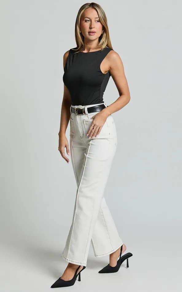 Showpo Malcolm Jeans 8211 Mid Rise Contrast Stitch Flared Denim Jeans In White Denim Women Curve Clothes