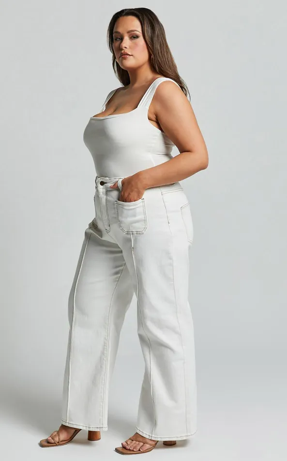 Showpo Malcolm Jeans 8211 Mid Rise Contrast Stitch Flared Denim Jeans In White Denim Women Curve Clothes