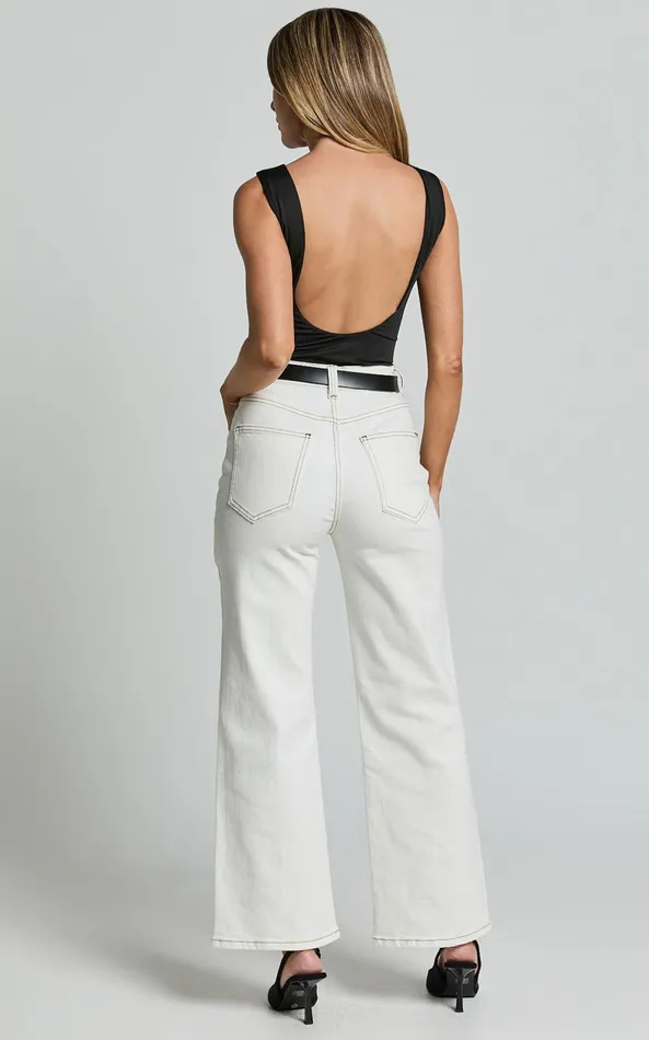 Showpo Malcolm Jeans 8211 Mid Rise Contrast Stitch Flared Denim Jeans In White Denim Women Curve Clothes