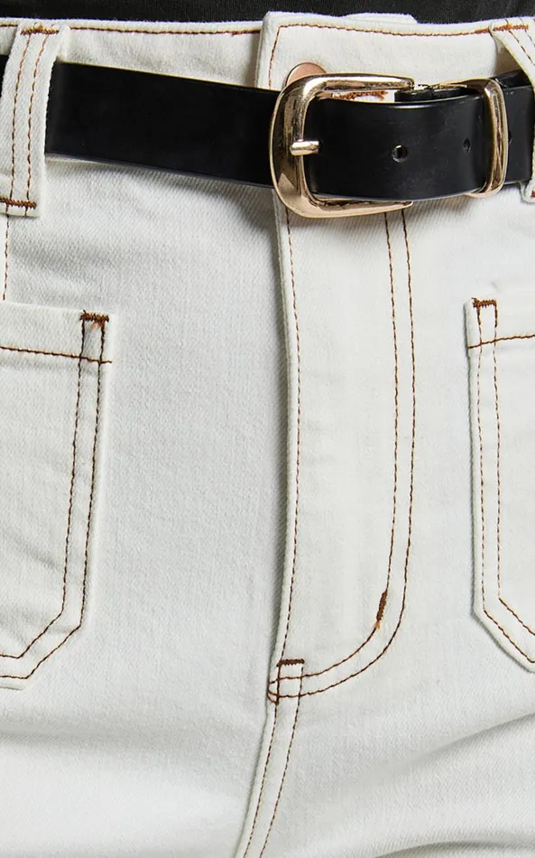 Showpo Malcolm Jeans 8211 Mid Rise Contrast Stitch Flared Denim Jeans In White Denim Women Curve Clothes