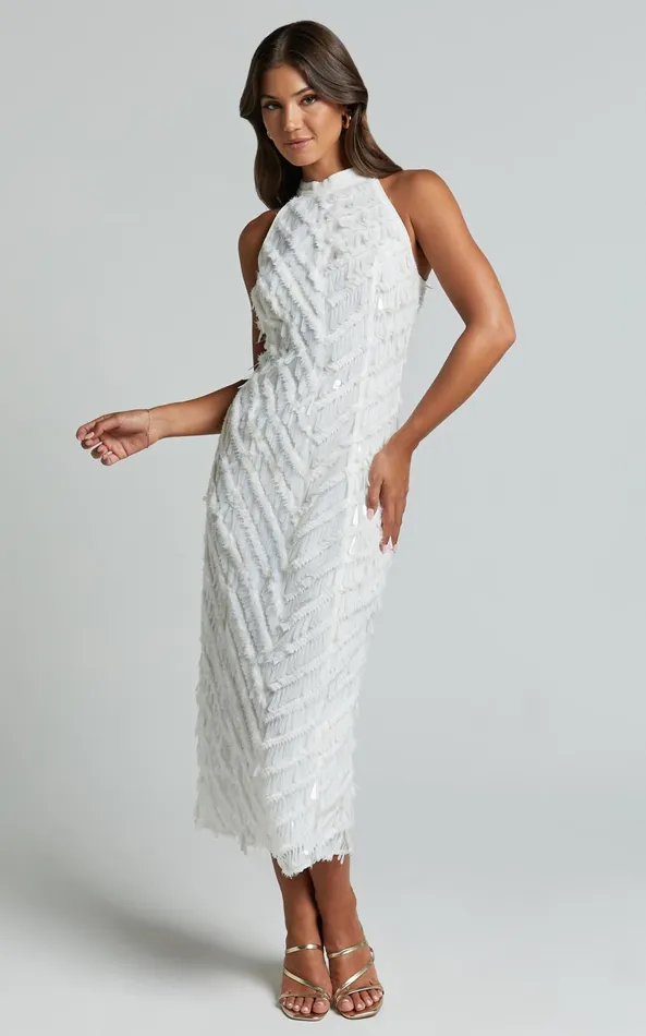 Showpo Maldivia Midi Dress 8211 High Neck Sequin Dress In Off White Women Dresses Showpo Maldivia Midi Dress 8211 High Neck Sequin Dress In Off White Women Dresses