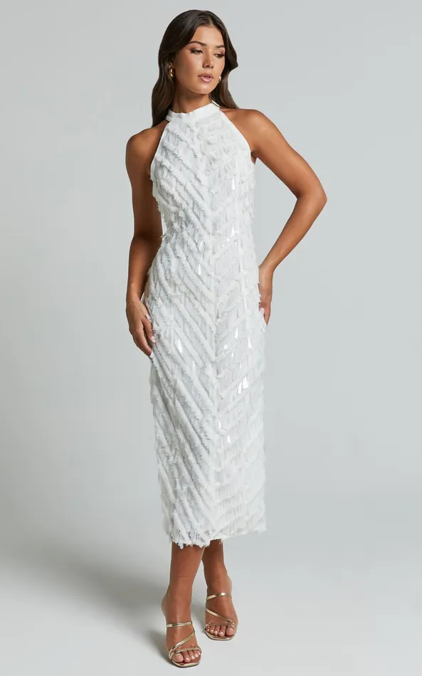 Showpo Maldivia Midi Dress 8211 High Neck Sequin Dress In Off White Women Dresses