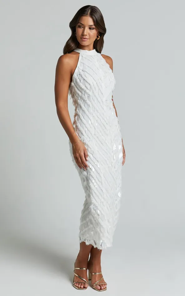 Showpo Maldivia Midi Dress 8211 High Neck Sequin Dress In Off White Women Dresses