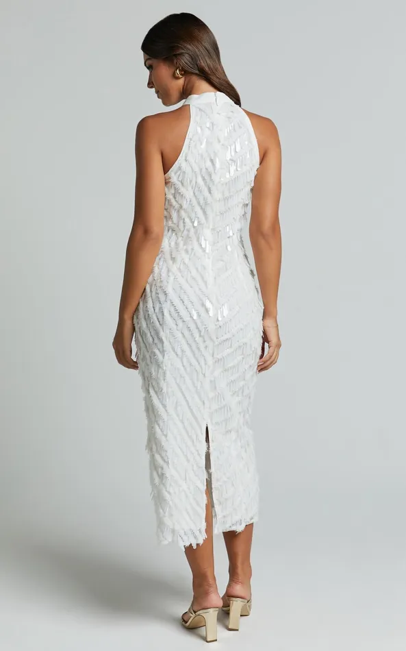 Showpo Maldivia Midi Dress 8211 High Neck Sequin Dress In Off White Women Dresses