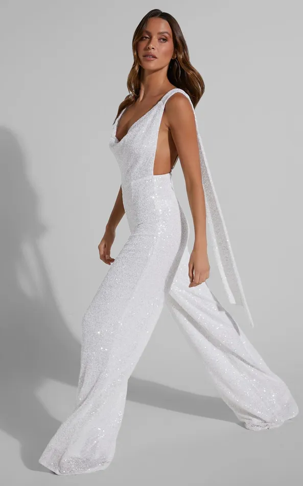 Showpo Malisha Jumpsuit 8211 Cowl Neck Backless Jumpsuit In White Sequin Women Jumpsuits Showpo Malisha Jumpsuit 8211 Cowl Neck Backless Jumpsuit In White Sequin Women Jumpsuits