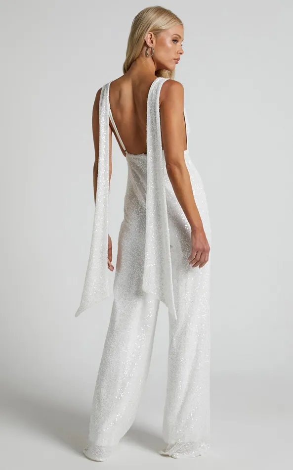 Showpo Malisha Jumpsuit 8211 Cowl Neck Backless Jumpsuit In White Sequin Women Jumpsuits