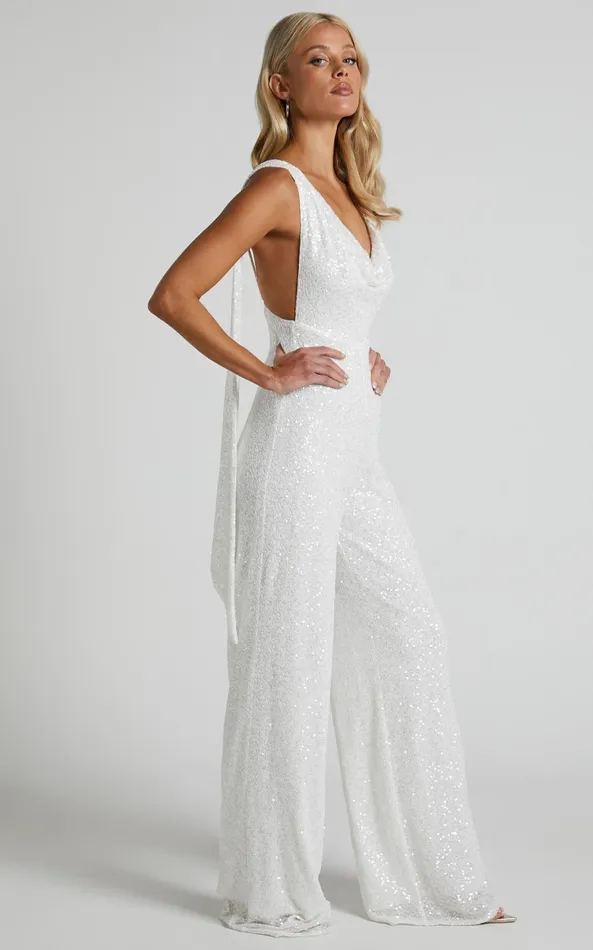Showpo Malisha Jumpsuit 8211 Cowl Neck Backless Jumpsuit In White Sequin Women Jumpsuits