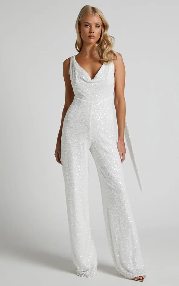Showpo Malisha Jumpsuit 8211 Cowl Neck Backless Jumpsuit In White Sequin Women Jumpsuits