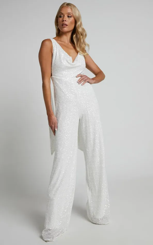 Showpo Malisha Jumpsuit 8211 Cowl Neck Backless Jumpsuit In White Sequin Women Jumpsuits