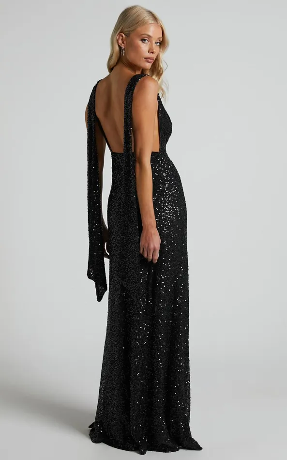 Showpo Malisha Maxi Dress 8211 Sequin Cowl Neck Backless Dress In Black Women Dresses