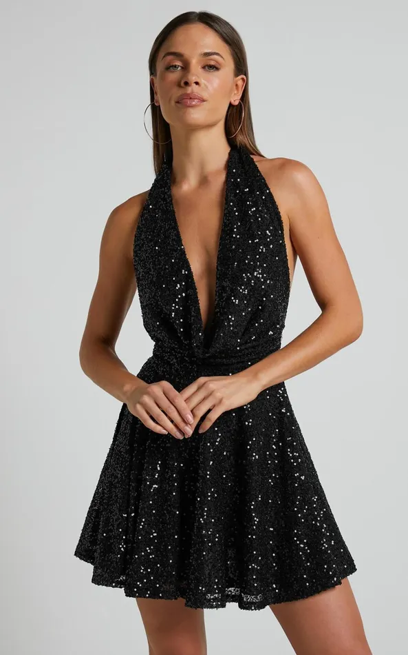 Showpo Malisha Mini Dress 8211 Cowl Neck Fit And Flare Dress In Black Women Dresses