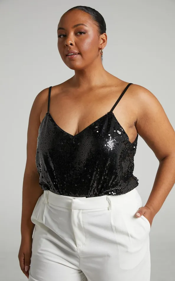 Showpo Manika Bodysuit 8211 Sequin Bodysuit In Black Women Curve Clothes