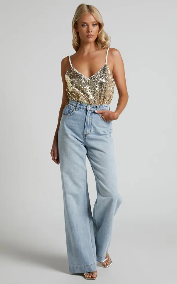 Showpo Manika Bodysuit 8211 Sequin Bodysuit In Gold Women Tops