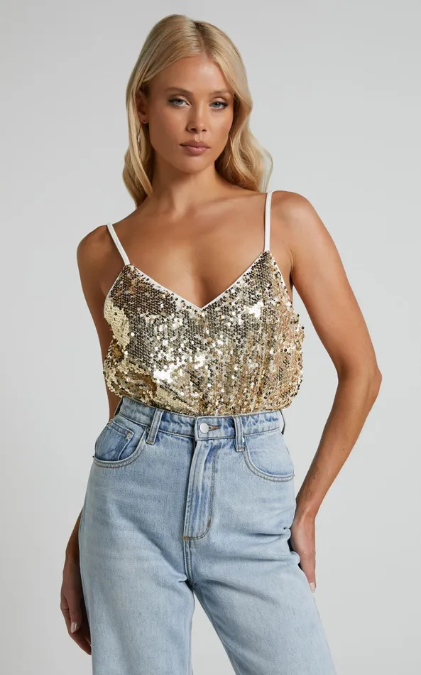 Showpo Manika Bodysuit 8211 Sequin Bodysuit In Gold Women Tops