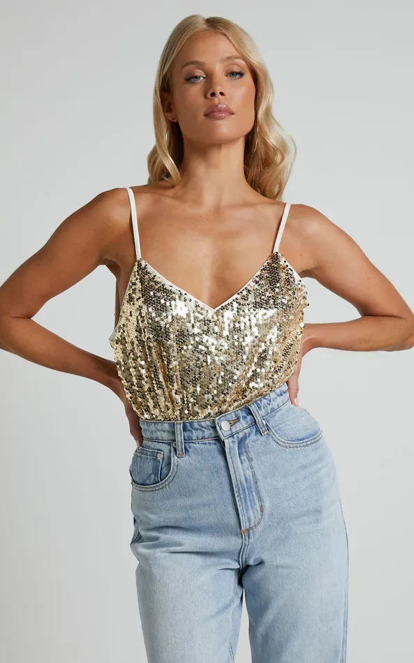 Showpo Manika Bodysuit 8211 Sequin Bodysuit In Gold Women Tops