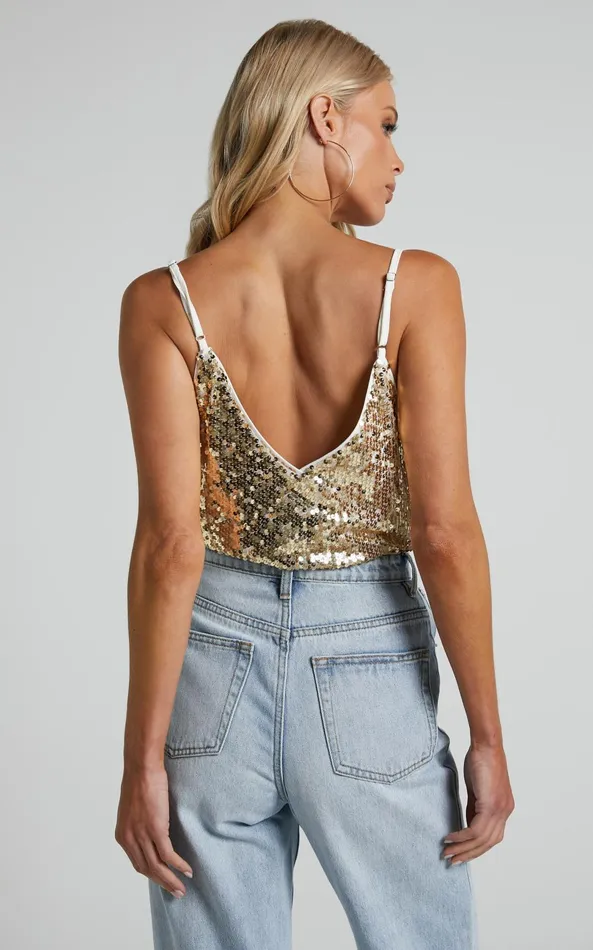 Showpo Manika Bodysuit 8211 Sequin Bodysuit In Gold Women Tops