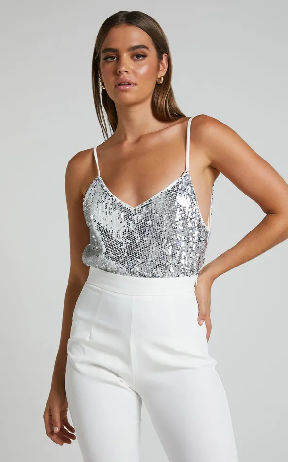 Showpo Manika Bodysuit 8211 Sequin Bodysuit In Silver Women Curve Clothes
