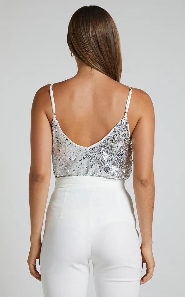 Showpo Manika Bodysuit 8211 Sequin Bodysuit In Silver Women Curve Clothes