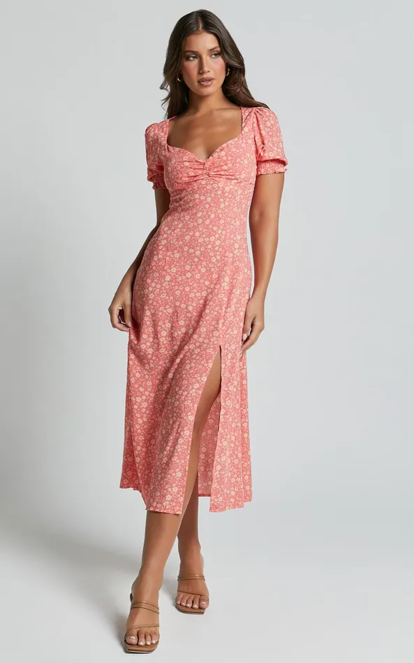 Showpo Marcel Midi Dress 8211 Sweetheart Puff Sleeve Thigh Split Dress In Coral Women Dresses Showpo Marcel Midi Dress 8211 Sweetheart Puff Sleeve Thigh Split Dress In Coral Women Dresses