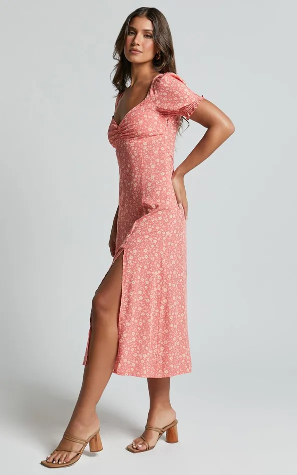 Showpo Marcel Midi Dress 8211 Sweetheart Puff Sleeve Thigh Split Dress In Coral Women Dresses